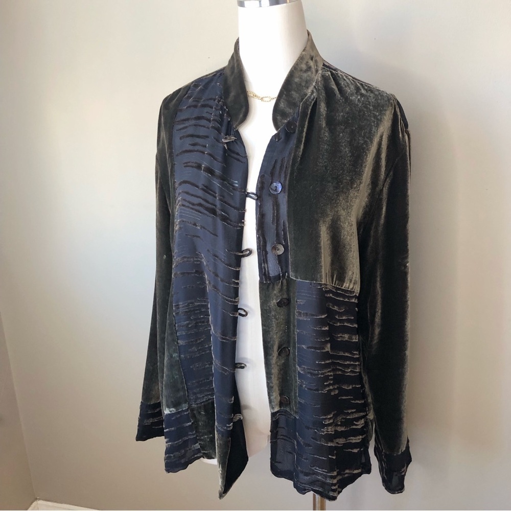 Vintage Mossy Green Velvet Mandarin Black Sheer Jacket Blazer M/L